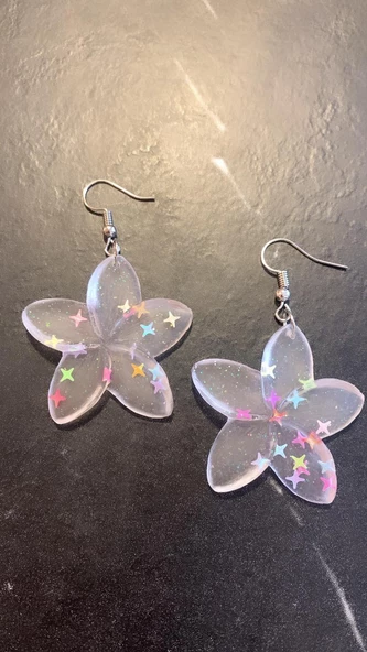 Şeffaf Yıldız Simli Yıldız Glitterli Parlak Gümüş Aksesuar Menekşe Şekil 5 Cm Epoksi Küpe Hediyelik - Resim 3