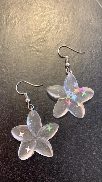 Şeffaf Yıldız Simli Yıldız Glitterli Parlak Gümüş Aksesuar Menekşe Şekil 5 Cm Epoksi Küpe Hediyelik - Resim 7