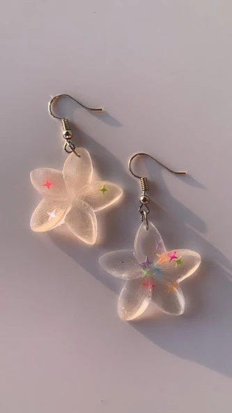 Şeffaf Yıldız Simli Yıldız Glitterli Parlak Gümüş Aksesuar Menekşe Şekil 5 Cm Epoksi Küpe Hediyelik - Resim 5