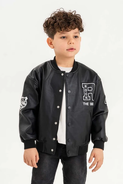 Çıtçıtlı Ribanalı Rock Nakışlı Erkek Çocuk Deri Ceket - 9