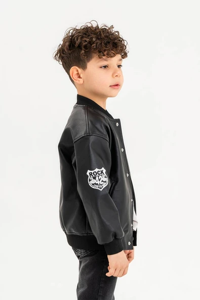 Çıtçıtlı Ribanalı Rock Nakışlı Erkek Çocuk Deri Ceket - Resim 11
