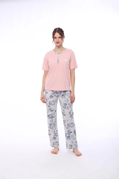 Pijadore 1444 Kadın Çiçekli Cepli Kısa Kollu Pijama Takım