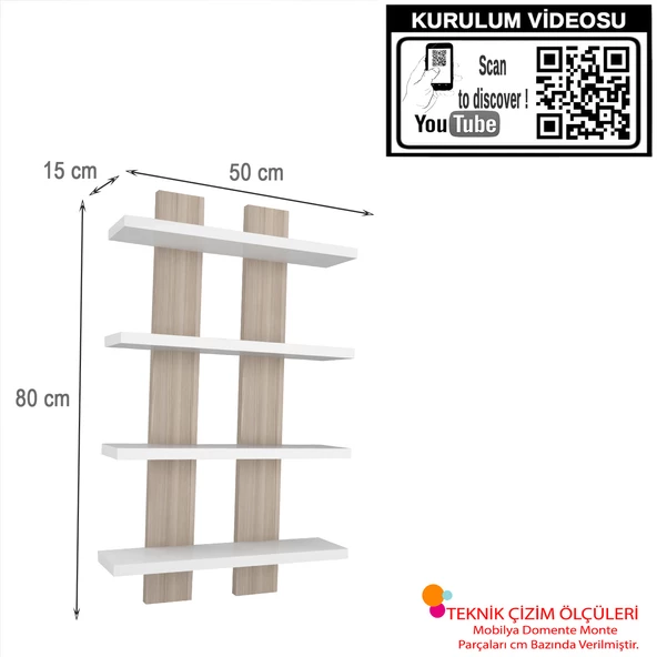 Modilayn NERGİS 4 Lü Duvar Rafı, Moderen Ahşap, baharatlık, çerçeve, Kitaplık - 3