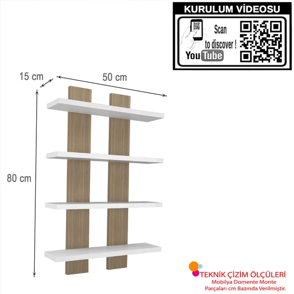 Modilayn NERGİS 4 Lü Duvar Rafı, Moderen Ahşap, baharatlık, çerçeve, Kitaplık - 4