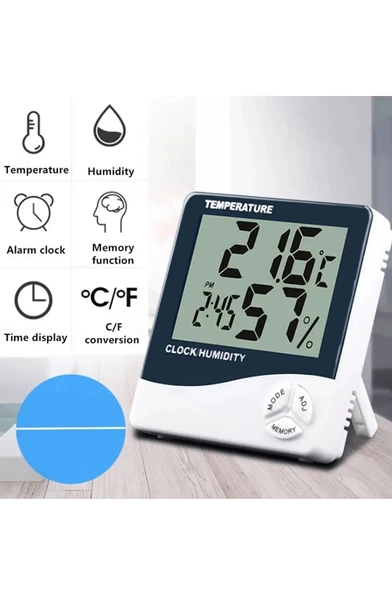Termometre Dijital Sıcaklık Ve Nem Ölçer Duvar Tipi Masa Tipi Lcd Ekran Saat Alarm PİL HEDİYELİ - 2