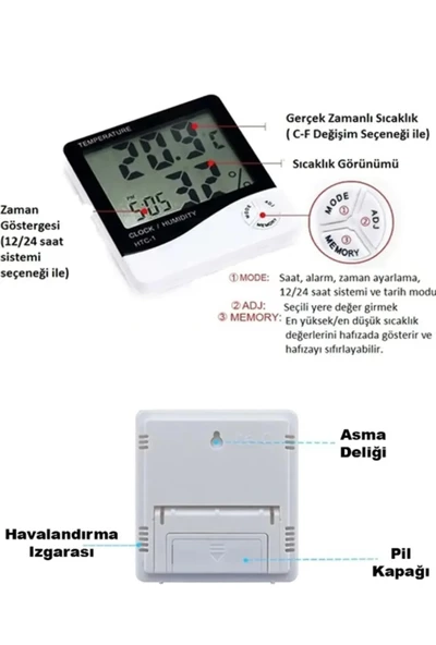 Termometre Dijital Sıcaklık Ve Nem Ölçer Duvar Tipi Masa Tipi Lcd Ekran Saat Alarm PİL HEDİYELİ - 4