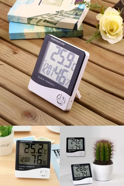 Termometre Dijital Sıcaklık Ve Nem Ölçer Duvar Tipi Masa Tipi Lcd Ekran Saat Alarm PİL HEDİYELİ - 3