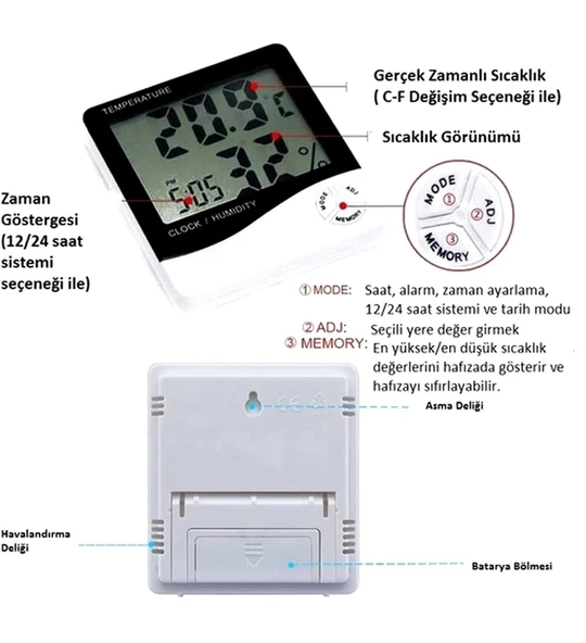 qasul Dijital Termometre Isı Nem Ölçer Oda Sıcaklık Alarmlı Masa Saati - 3
