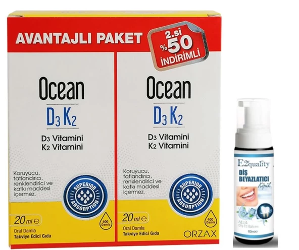 Orzax Ocean D3 K2 20 ml Takviye Edici Gıda Avantajlı Paket - Diş Beyazlatıcı Köpük Hediye