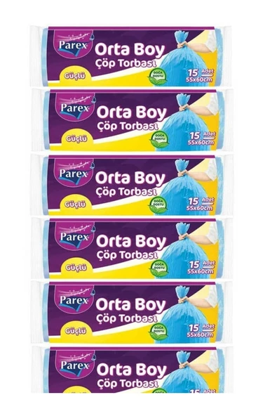 Parex Güçlü Orta Boy Çöp Torbası Mavi 55x60 Cm 15'li X 6 Adet