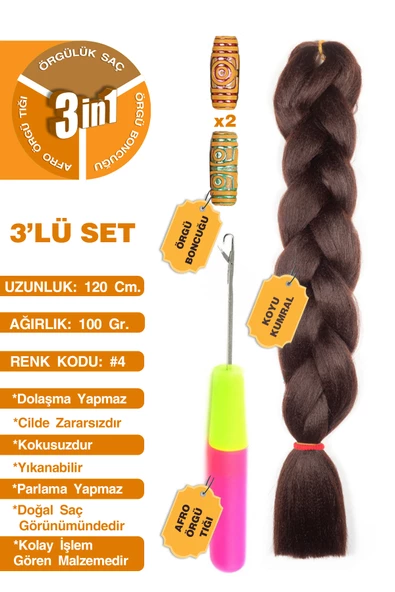 Afrika Zenci Örgüsü Rasta Ve Box Braid için Sentetik Saç + Afro Örgü Tığı + Örgü Boncuğu 3'lü Set