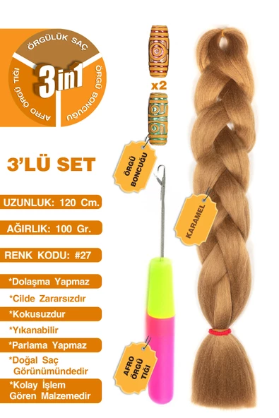 Afrika Zenci Örgüsü Rasta Ve Box Braid için Sentetik Saç + Afro Örgü Tığı + Örgü Boncuğu 3'lü Set