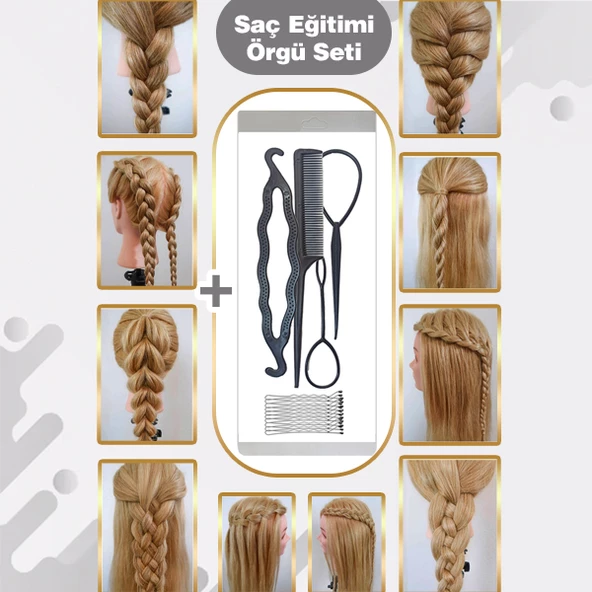 Fiber Sentetik Ombreli Kuaför Eğitim Mankeni Kahverengi / Platin + Masa Aparatı + Saç Örgü Seti - 2
