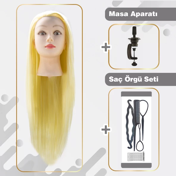 Kuaför Eğitim Mankeni / Platin + Masa Aparatı + Saç Örgü Seti - 6