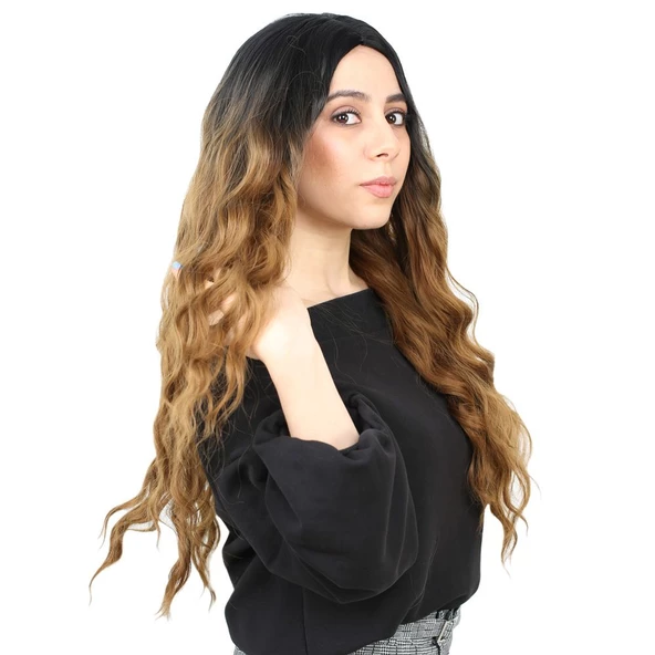 Fiber Sentetik Uzun Su Dalgası Peruk - Siyah / Karamel Ombreli - 3