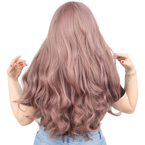 Kahküllü Uzun Dalgalı Fiber Sentetik Peruk - Gül Kurusu - Resim 4