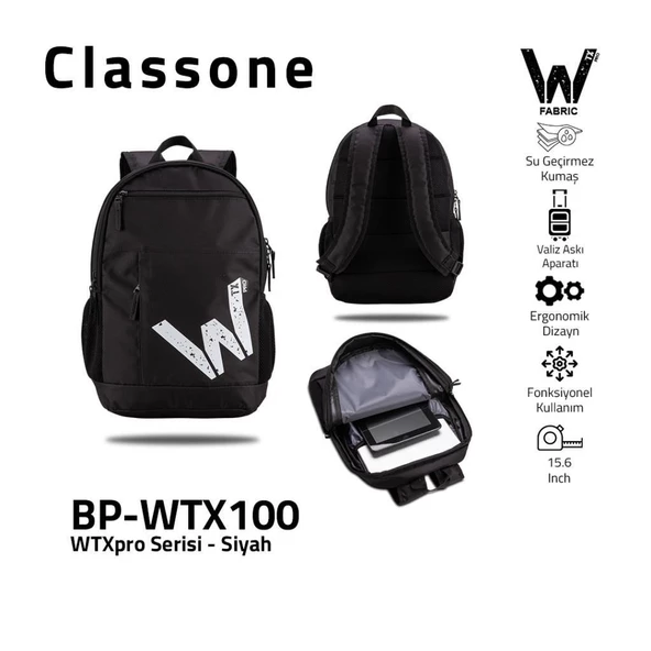 Classone BP-WTX100 Energy Serisi 15.6"Su Geçirmez Kumaş Laptop Okul Sırt Çantası Siyah ürün görseli