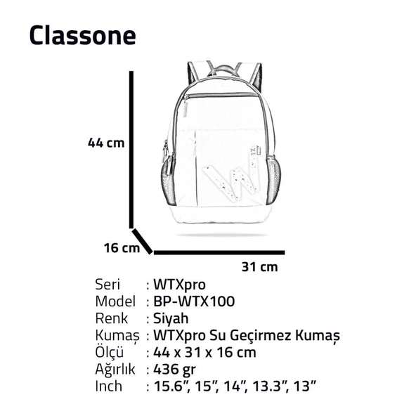 Classone BP-WTX100 Energy Serisi 15.6"Su Geçirmez Kumaş Laptop Okul Sırt Çantası Siyah - Resim 7