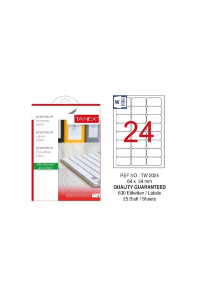 Tanex TW-2024 Hazır Etiket A4 64x34 mm Lazer Etiket 100 Adet