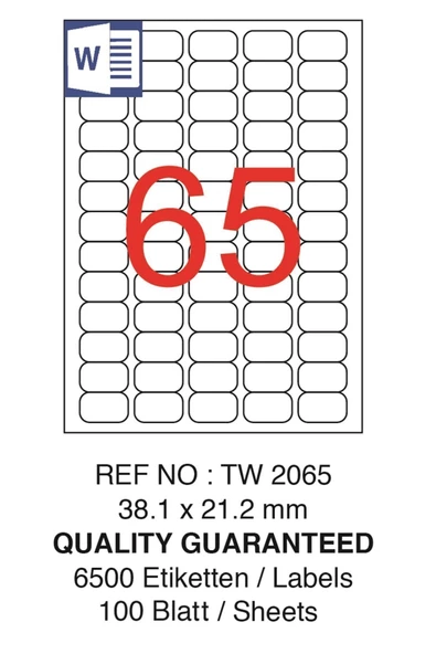 Tanex TW-2065 Hazır Etiket A4 38.1x21.2 mm Lazer Etiket 100 Adet
