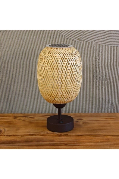 Bambu&Rattan Dekoratif Siyah Ayaklı Ve Bej Şapkalı Güneş Enerjili Solar Lamba Aydınlatma 26X15Cm