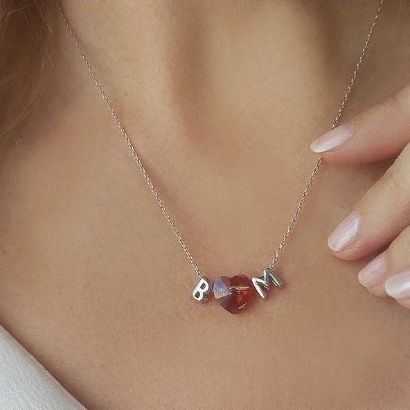 Vaoov 925 Ayar Gümüş Kırmızı Swarovski Taşlı Bombeli Harf Kolye - Resim 2