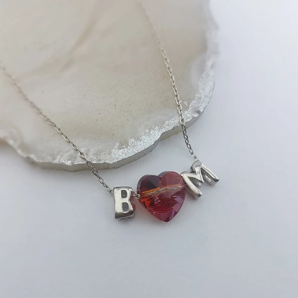 Vaoov 925 Ayar Gümüş Kırmızı Swarovski Taşlı Bombeli Harf Kolye - Resim 6