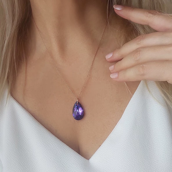 Vaoov 925 Ayar Gümüş Mor Damla Swarovski Taşlı Kolye - 1