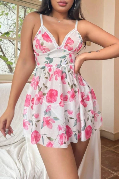 YNT Pembe Çiçek Desenli Dantel Detaylı Gecelik 15706 - 3