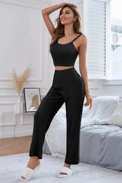 YNT Viskon Siyah 3 Lü Trend Crop Takım 7010 - 4
