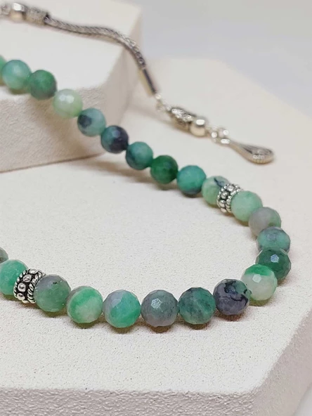 Zümrüt Taşı Faset Kesim 33 lük Tesbih 6mm (Gümüş) (51296) - Resim 3