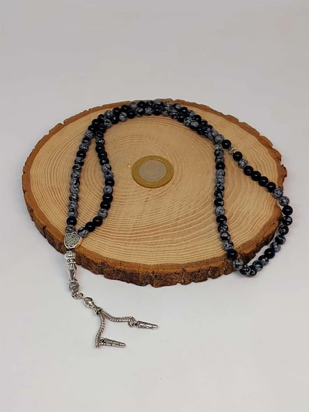 Kar Tanesi Obsidyen Taşı 99luk Tesbih 6mm - 2