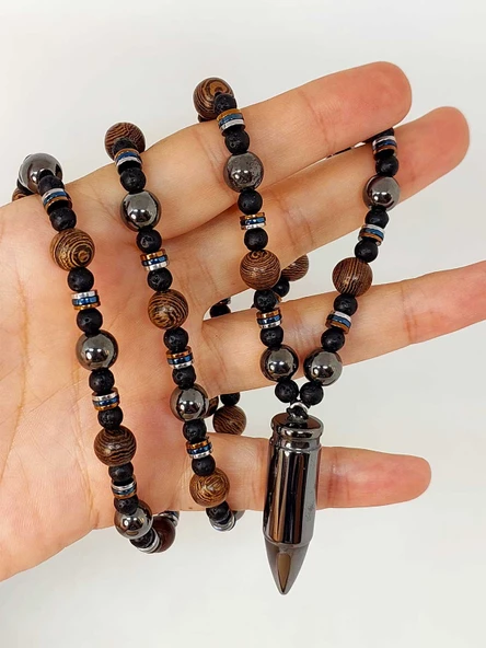 Hematit - Lav Taşı & Venge Ağacı Tasarım Unisex Kolye (44350) ürün görseli