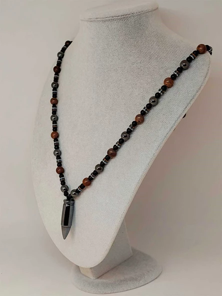 Hematit - Lav Taşı & Venge Ağacı Tasarım Unisex Kolye (44350) - Resim 5