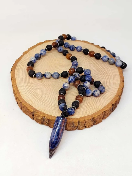 Sodalit - Hematit - Lav Taşı & Venge Ağacı Tasarım Unisex Kolye (44380) - Resim 2