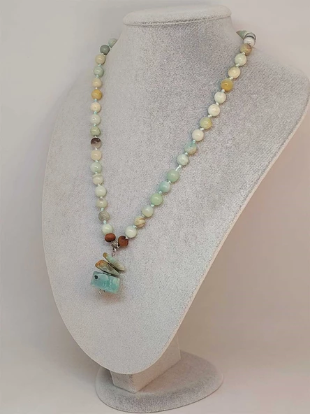 Amazonit Taşı Düğümlü Unisex Tasarım Kolye 8mm (45075) - Resim 5