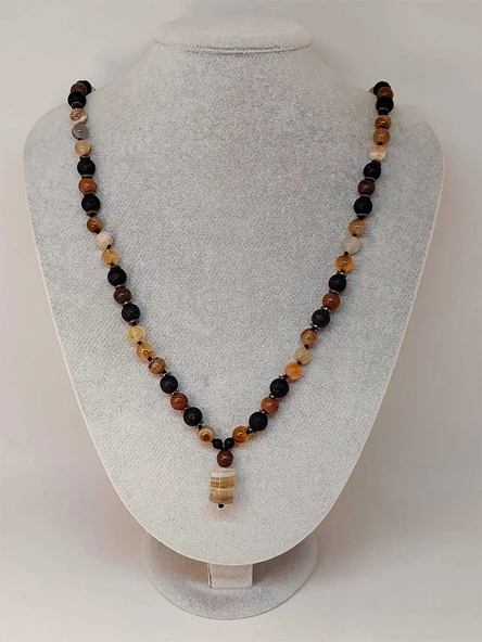 Akik - Hematit - Lav Taşı & Venge Ağacı Tasarım Unisex Kolye (44360) - Resim 3