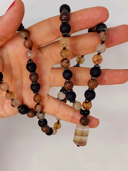 Akik - Hematit - Lav Taşı & Venge Ağacı Tasarım Unisex Kolye (44360) ürün görseli