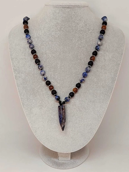 Sodalit - Hematit - Lav Taşı & Venge Ağacı Tasarım Unisex Kolye (44380) - Resim 5