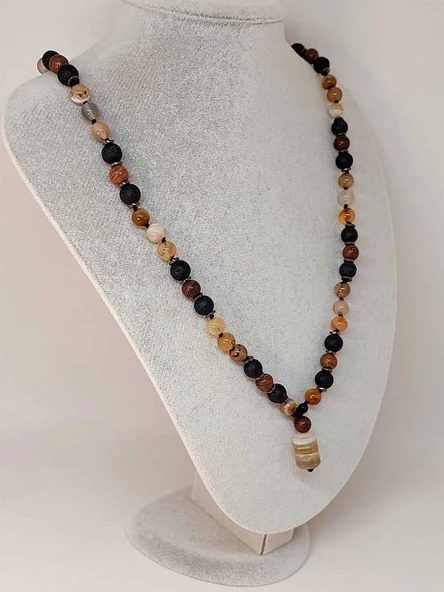 Akik - Hematit - Lav Taşı & Venge Ağacı Tasarım Unisex Kolye (44360) - Resim 5