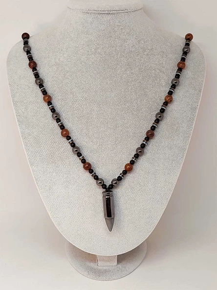 Hematit - Lav Taşı & Venge Ağacı Tasarım Unisex Kolye (44350) - Resim 3