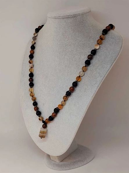 Akik - Hematit - Lav Taşı & Venge Ağacı Tasarım Unisex Kolye (44360) - Resim 4