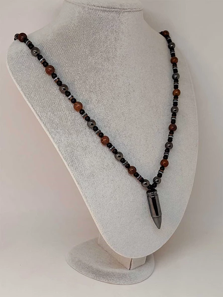 Hematit - Lav Taşı & Venge Ağacı Tasarım Unisex Kolye (44350) - Resim 4