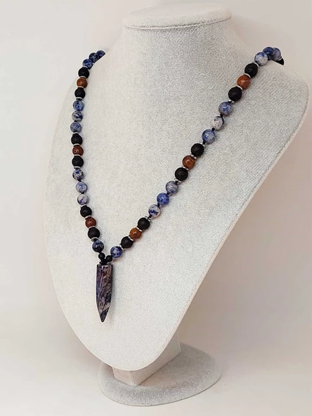 Sodalit - Hematit - Lav Taşı & Venge Ağacı Tasarım Unisex Kolye (44380) - Resim 4