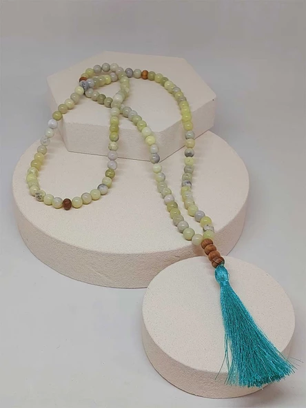 Yeşil Beyaz Peridot Taşı 108'lik Tibet Stili El Yapımı Mala Kolye (51404) - Resim 5