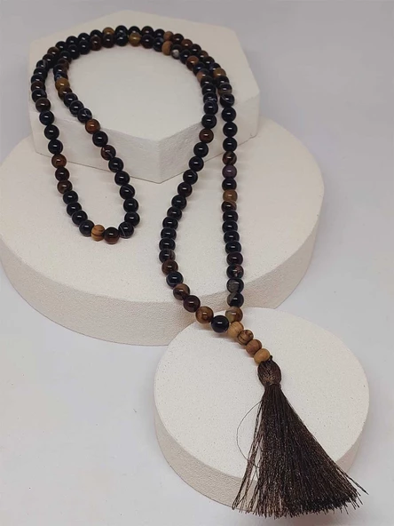 Siyah Akik taşı 108'lik Tibet Stili El Yapımı Mala Kolye (51386) - Resim 6