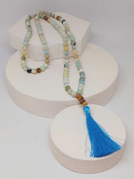 Amazonit Taşı 108'lik Tibet Stili El Yapımı Mala Kolye (51390) - Resim 5