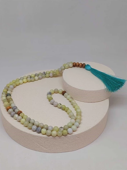 Yeşil Beyaz Peridot Taşı 108'lik Tibet Stili El Yapımı Mala Kolye (51404) - Resim 7