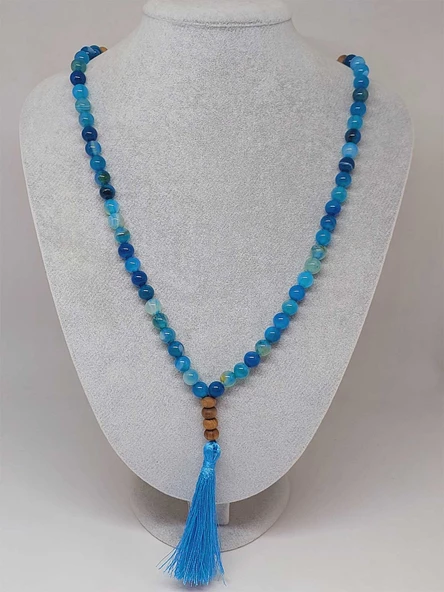 Mavi Akik Taşı 108'lik Tibet Stili El Yapımı Mala Kolye (51402) - Resim 4