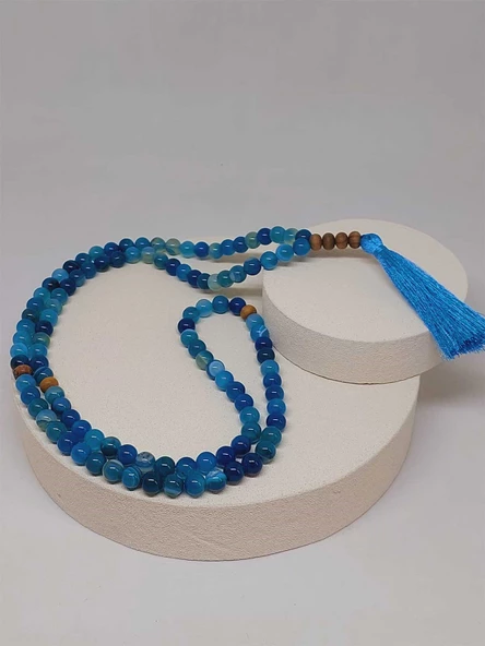Mavi Akik Taşı 108'lik Tibet Stili El Yapımı Mala Kolye (51402) - Resim 6